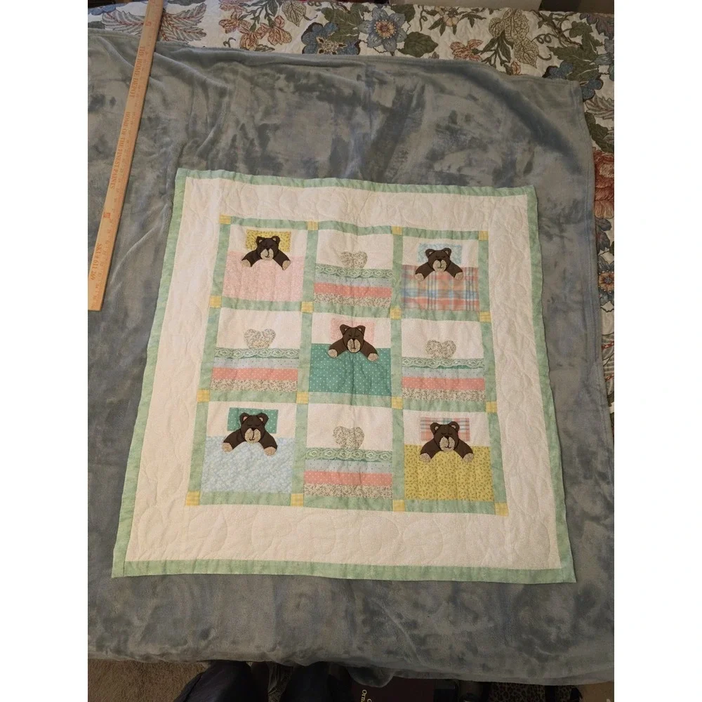 Handmade Teddy Bear Crib Quilt‎ Nursery Baby Blanket Applique Patchwork 32x32